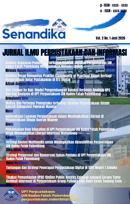 					View Vol. 2 No. 1 (2026): Senandika : Jurnal Ilmu Perpustakaan dan Informasi
				